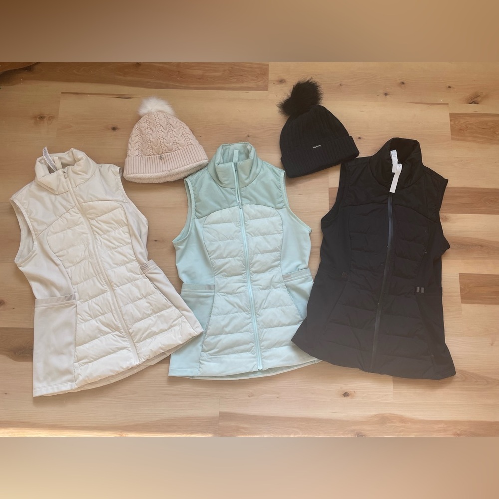Lululemon Down For It All vest lot 3pc 6 beanie lot black mint cream bone 5pc